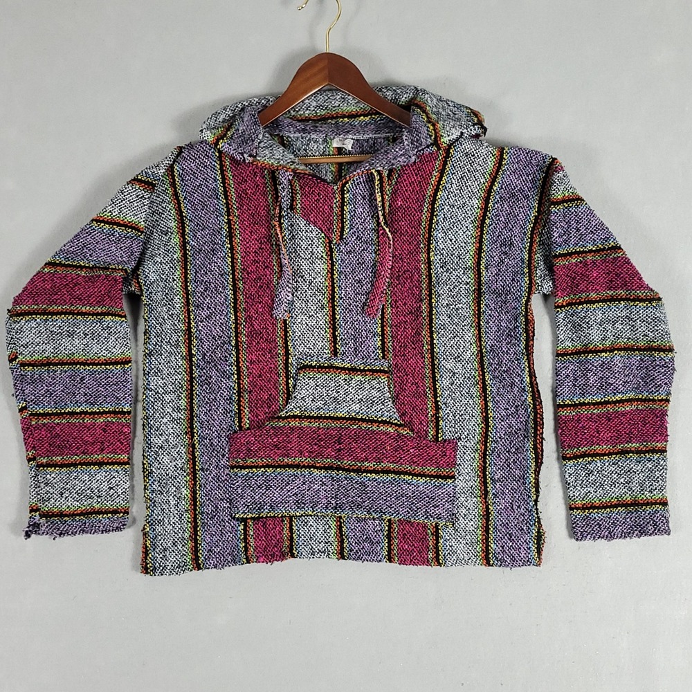 San Jose Baja Hoodie Unisex L Multi-Color Striped Relaxed Acrylic Woven Mexico